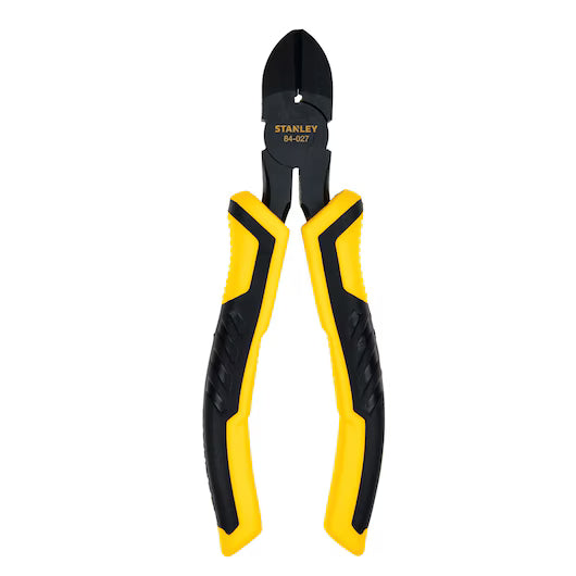 A pair of STANLEY 6 IN DIAGONAL PLIERS with yellow and black ergonomic handles and hardened steel cutting edges, shown upright against a white background.
